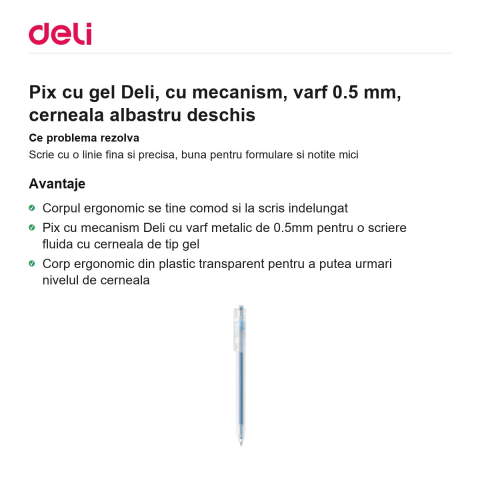 Pix cu gel Deli, cu mecanism, varf 0.5 mm, cerneala albastru deschis [1]