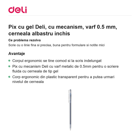 Pix cu gel Deli, cu mecanism, varf 0.5 mm, cerneala albastru inchis [1]