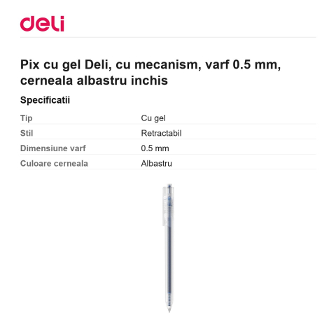 Pix cu gel Deli, cu mecanism, varf 0.5 mm, cerneala albastru inchis [2]