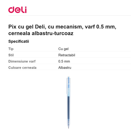 Pix cu gel Deli, cu mecanism, varf 0.5 mm, cerneala albastru-turcoaz [2]