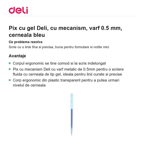 Pix cu gel Deli, cu mecanism, varf 0.5 mm, cerneala bleu [1]