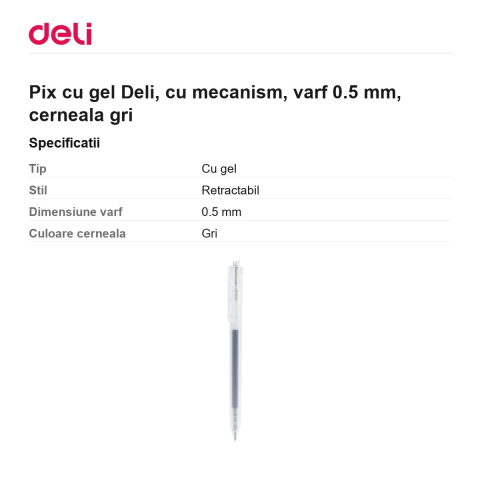 Pix cu gel Deli, cu mecanism, varf 0.5 mm, cerneala gri [2]