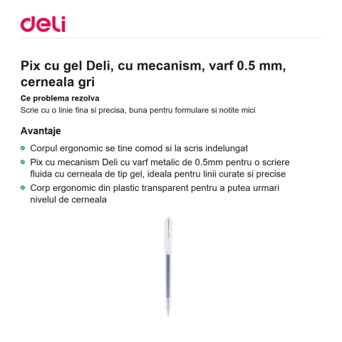 Pix cu gel Deli, cu mecanism, varf 0.5 mm, cerneala gri [1]