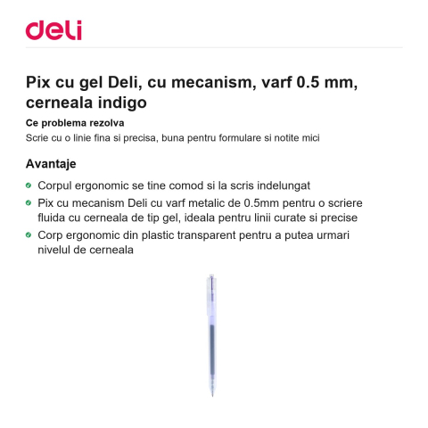 Pix cu gel Deli, cu mecanism, varf 0.5 mm, cerneala indigo [1]