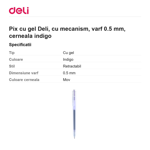 Pix cu gel Deli, cu mecanism, varf 0.5 mm, cerneala indigo [2]