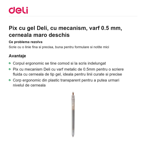Pix cu gel Deli, cu mecanism, varf 0.5 mm, cerneala maro deschis [1]
