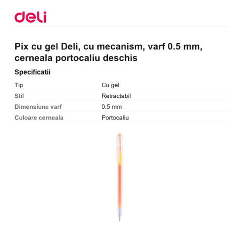 Pix cu gel Deli, cu mecanism, varf 0.5 mm, cerneala portocaliu deschis [2]