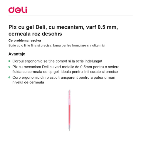 Pix cu gel Deli, cu mecanism, varf 0.5 mm, cerneala roz deschis [1]