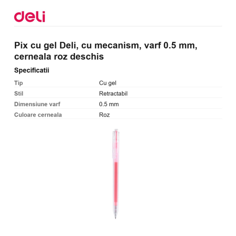 Pix cu gel Deli, cu mecanism, varf 0.5 mm, cerneala roz deschis [2]