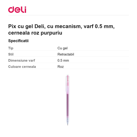 Pix cu gel Deli, cu mecanism, varf 0.5 mm, cerneala roz purpuriu [2]