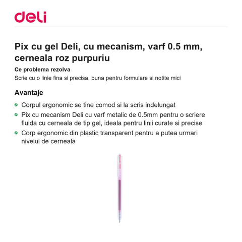 Pix cu gel Deli, cu mecanism, varf 0.5 mm, cerneala roz purpuriu [1]