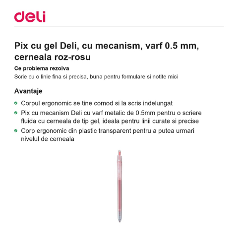 Pix cu gel Deli, cu mecanism, varf 0.5 mm, cerneala roz-rosu [1]
