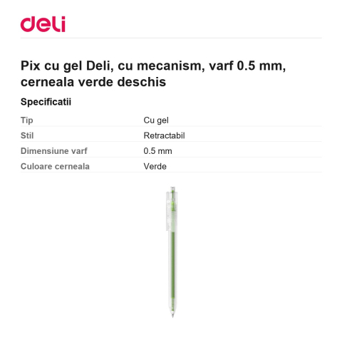 Pix cu gel Deli, cu mecanism, varf 0.5 mm, cerneala verde deschis [2]