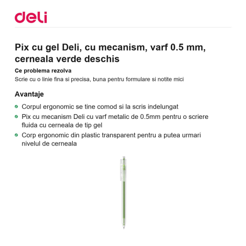 Pix cu gel Deli, cu mecanism, varf 0.5 mm, cerneala verde deschis [1]
