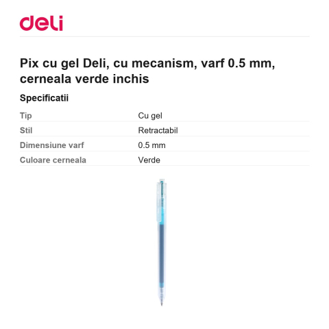 Pix cu gel Deli, cu mecanism, varf 0.5 mm, cerneala verde inchis [2]