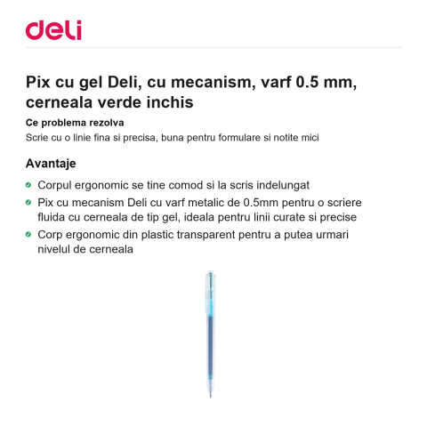 Pix cu gel Deli, cu mecanism, varf 0.5 mm, cerneala verde inchis [1]