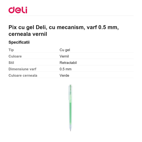 Pix cu gel Deli, cu mecanism, varf 0.5 mm, cerneala vernil [2]