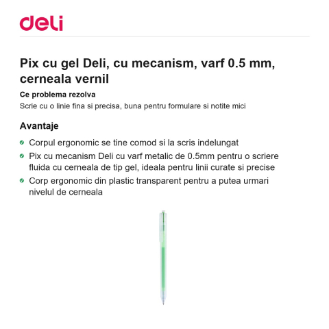 Pix cu gel Deli, cu mecanism, varf 0.5 mm, cerneala vernil [1]