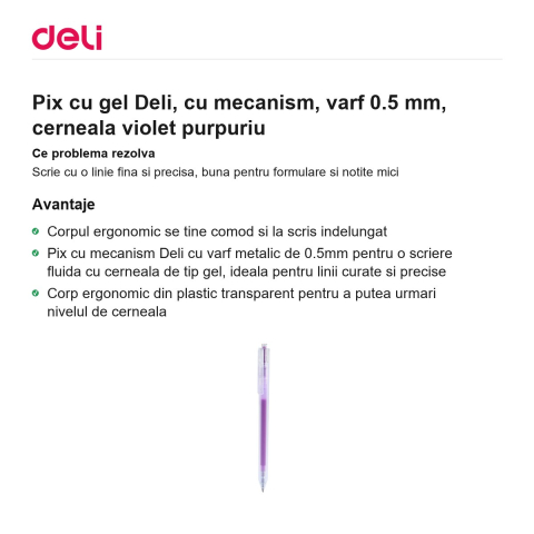 Pix cu gel Deli, cu mecanism, varf 0.5 mm, cerneala violet purpuriu [1]