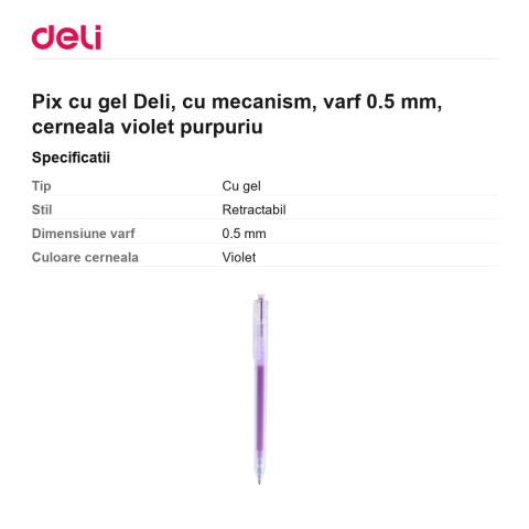 Pix cu gel Deli, cu mecanism, varf 0.5 mm, cerneala violet purpuriu [2]