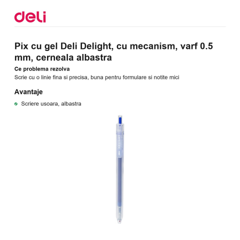 Pix cu gel Deli Delight, cu mecanism, varf 0.5 mm, cerneala albastra [1]