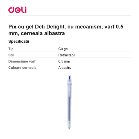 Pix cu gel Deli Delight, cu mecanism, varf 0.5 mm, cerneala albastra [2]