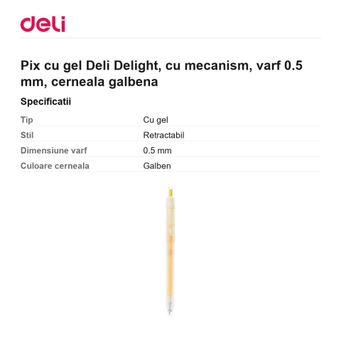 Pix cu gel Deli Delight, cu mecanism, varf 0.5 mm, cerneala galbena [2]
