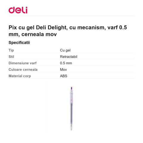 Pix cu gel Deli Delight, cu mecanism, varf 0.5 mm, cerneala mov [2]