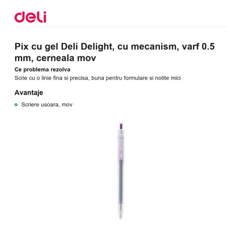 Pix cu gel Deli Delight, cu mecanism, varf 0.5 mm, cerneala mov [1]