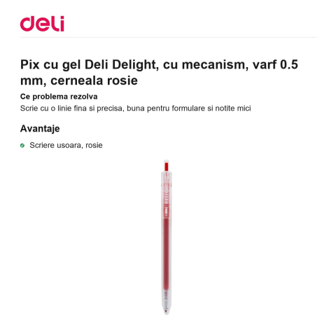 Pix cu gel Deli Delight, cu mecanism, varf 0.5 mm, cerneala rosie [1]
