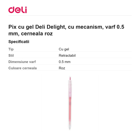 Pix cu gel Deli Delight, cu mecanism, varf 0.5 mm, cerneala roz [2]