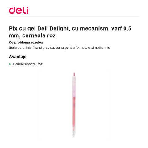 Pix cu gel Deli Delight, cu mecanism, varf 0.5 mm, cerneala roz [1]