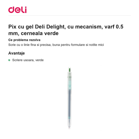 Pix cu gel Deli Delight, cu mecanism, varf 0.5 mm, cerneala verde [1]