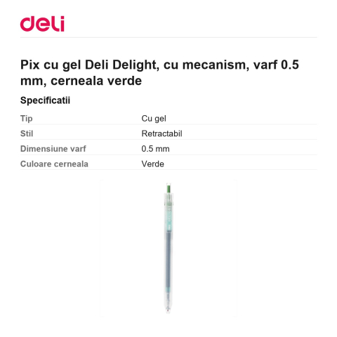 Pix cu gel Deli Delight, cu mecanism, varf 0.5 mm, cerneala verde [2]