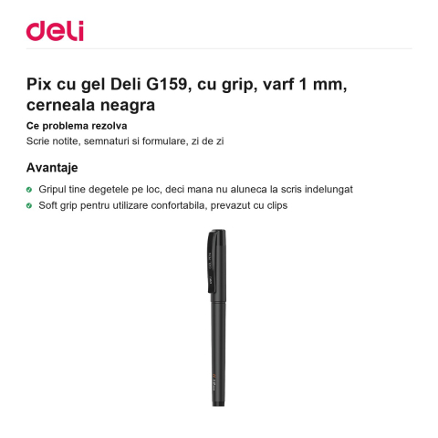 Pix cu gel Deli G159, cu grip, varf 1 mm, cerneala neagra [1]