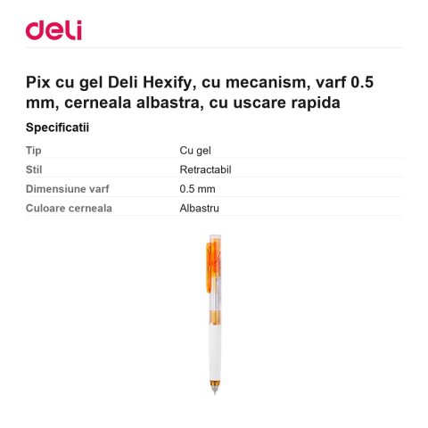 Pix cu gel Deli Hexify, cu mecanism, varf 0.5 mm, cerneala albastra, cu uscare rapida [2]