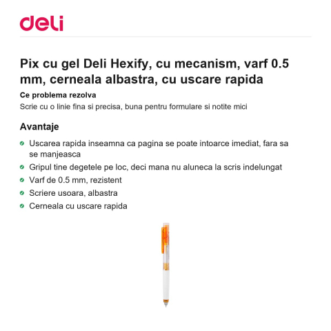 Pix cu gel Deli Hexify, cu mecanism, varf 0.5 mm, cerneala albastra, cu uscare rapida [1]