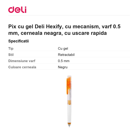 Pix cu gel Deli Hexify, cu mecanism, varf 0.5 mm, cerneala neagra, cu uscare rapida [2]
