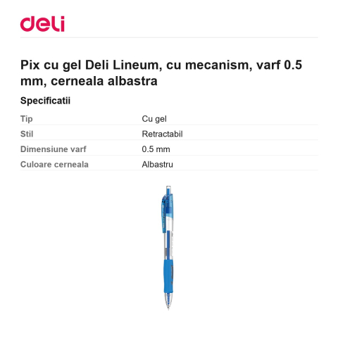 Pix cu gel Deli Lineum, cu mecanism, varf 0.5 mm, cerneala albastra [2]