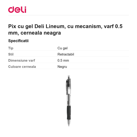 Pix cu gel Deli Lineum, cu mecanism, varf 0.5 mm, cerneala neagra [2]