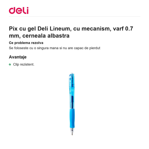Pix cu gel Deli Lineum, cu mecanism, varf 0.7 mm, cerneala albastra [1]