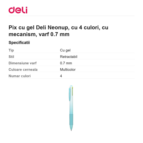 Pix cu gel Deli Neonup, cu 4 culori, cu mecanism, varf 0.7 mm [2]