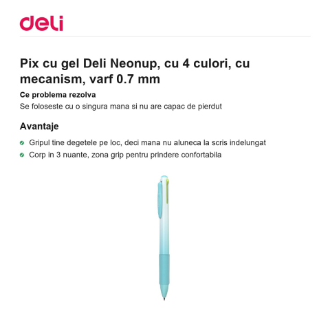 Pix cu gel Deli Neonup, cu 4 culori, cu mecanism, varf 0.7 mm [1]