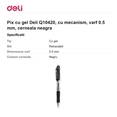 Pix cu gel Deli Q10420, cu mecanism, varf 0.5 mm, cerneala neagra [2]