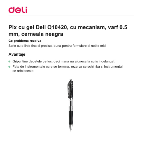 Pix cu gel Deli Q10420, cu mecanism, varf 0.5 mm, cerneala neagra [1]