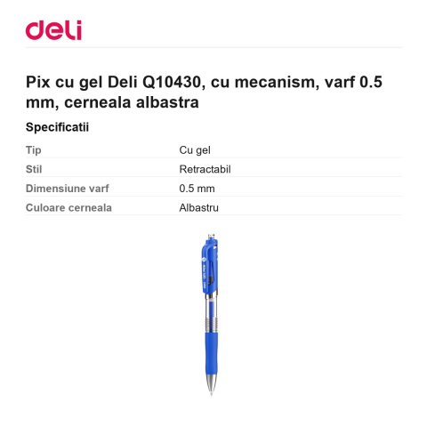 Pix cu gel Deli Q10430, cu mecanism, varf 0.5 mm, cerneala albastra [2]
