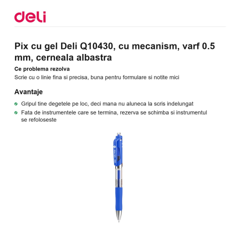 Pix cu gel Deli Q10430, cu mecanism, varf 0.5 mm, cerneala albastra [1]
