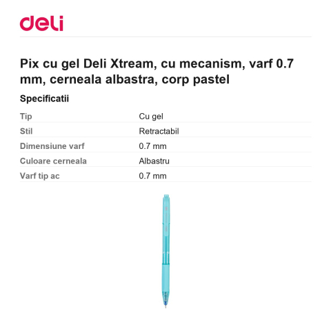 Pix cu gel Deli Xtream, cu mecanism, varf 0.7 mm, cerneala albastra, corp pastel [2]