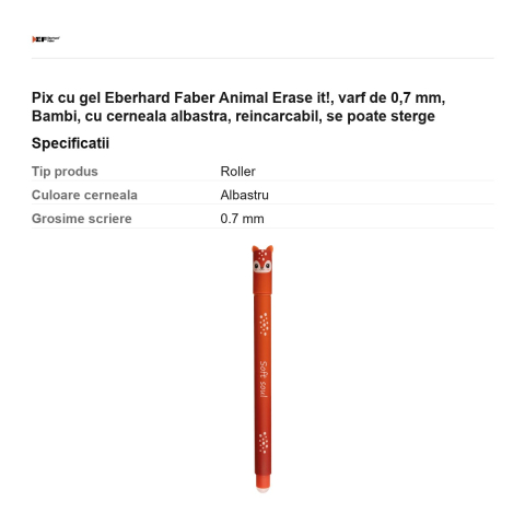 Pix cu gel Eberhard Faber Animal Erase it!, varf de 0,7 mm, Bambi, cu cerneala albastra, reincarcabil, se poate sterge [2]