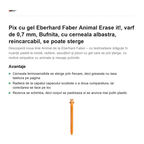 Pix cu gel Eberhard Faber Animal Erase it!, varf de 0,7 mm, Bufnita, cu cerneala albastra, reincarcabil, se poate sterge [1]